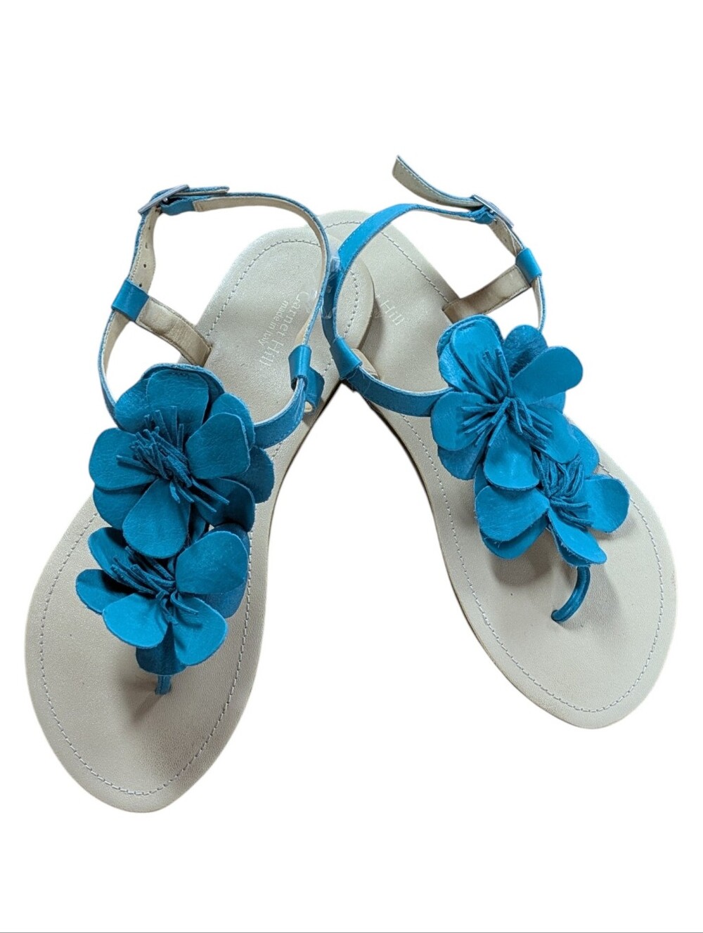 Garnet Hill Teal Green Leather Floral Flat Thong Sandal Made in Italy Size 9